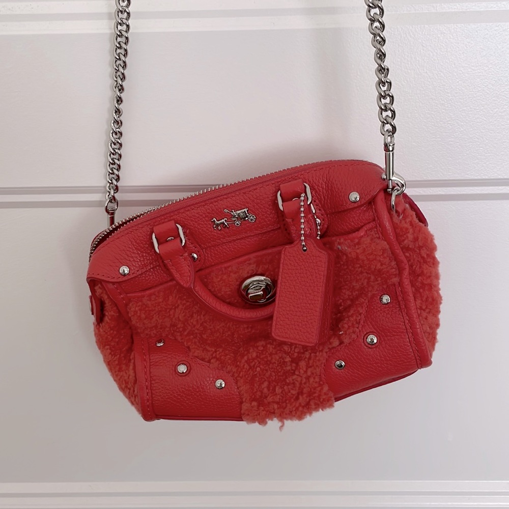 Orange Coach Rhyder Crossbody with Shearling and Chain Strap